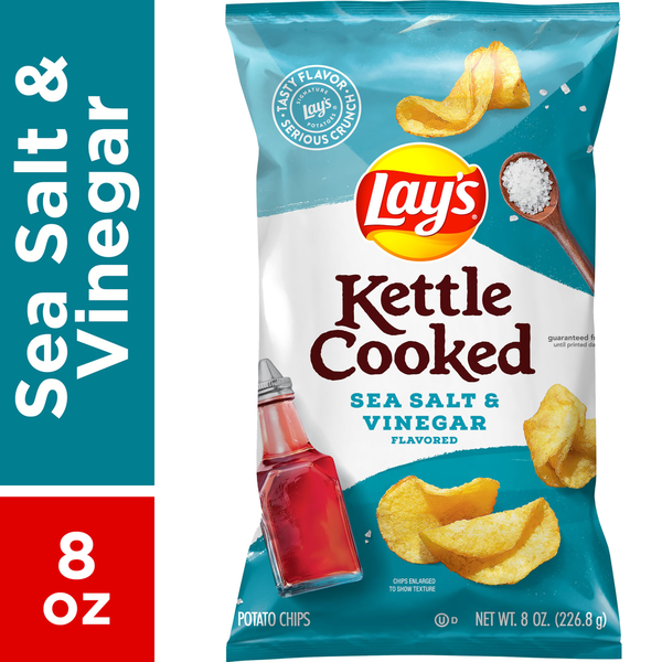 Chips & Pretzels Lay's Kettle Cooked Potato Chips, Sea Salt & Vinegar Flavored hero