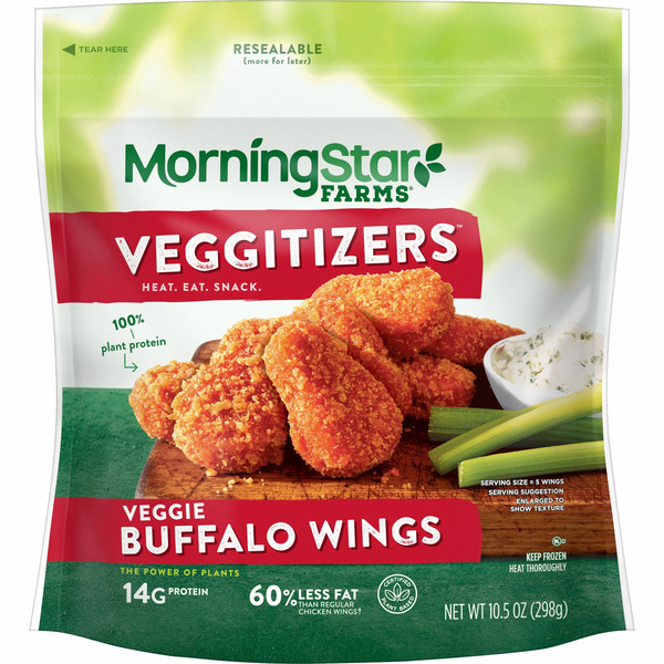Frozen Vegan & Vegetarian MorningStar Farms Veggitizers Meatless Chicken Wings, Vegan Plant Based Protein, Frozen Snacks, Buffalo hero