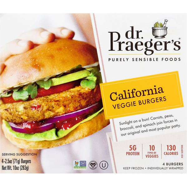 Frozen Vegan & Vegetarian Dr. Praeger's Veggie Burgers, California hero