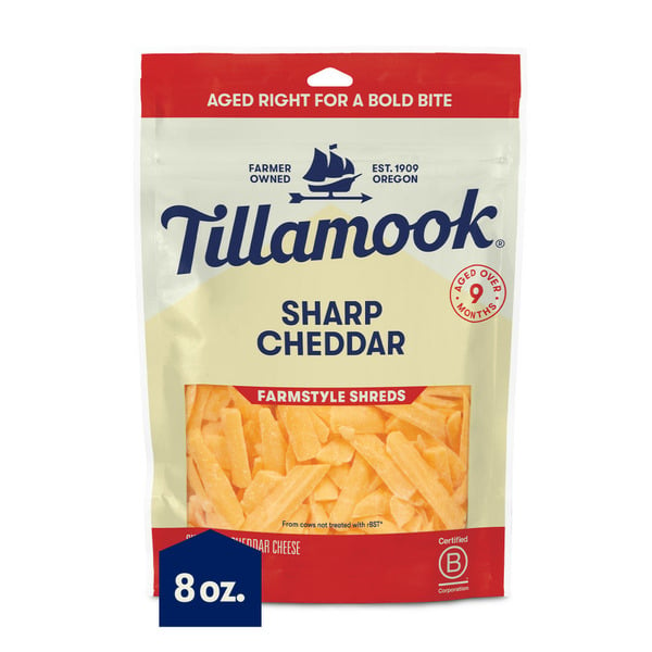 Cheese Tillamook Farmstyle Thick Cut Sharp Cheddar Shredded Cheese hero
