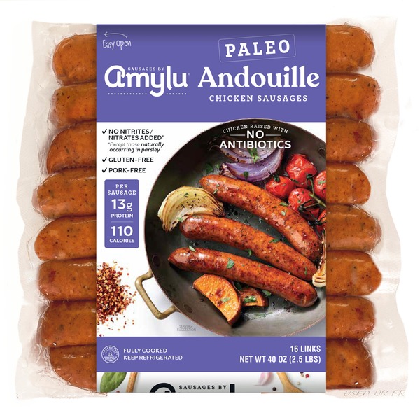 Hot Dogs, Bacon & Sausage Amylu ABF Paleo Andouille Chicken Sausages, 16 Links, 40 oz hero