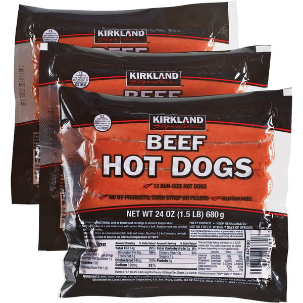 Hot Dogs, Bacon & Sausage Kirkland Signature Beef Hot Dogs, 3 x 1.5 lb hero