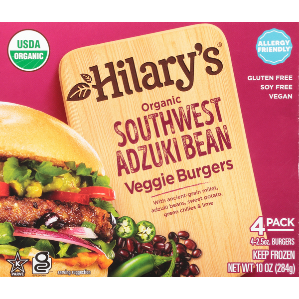 Frozen Vegan & Vegetarian Hilary's Veggie Burgers, Southwest Adzuki Bean, 4 Pack hero
