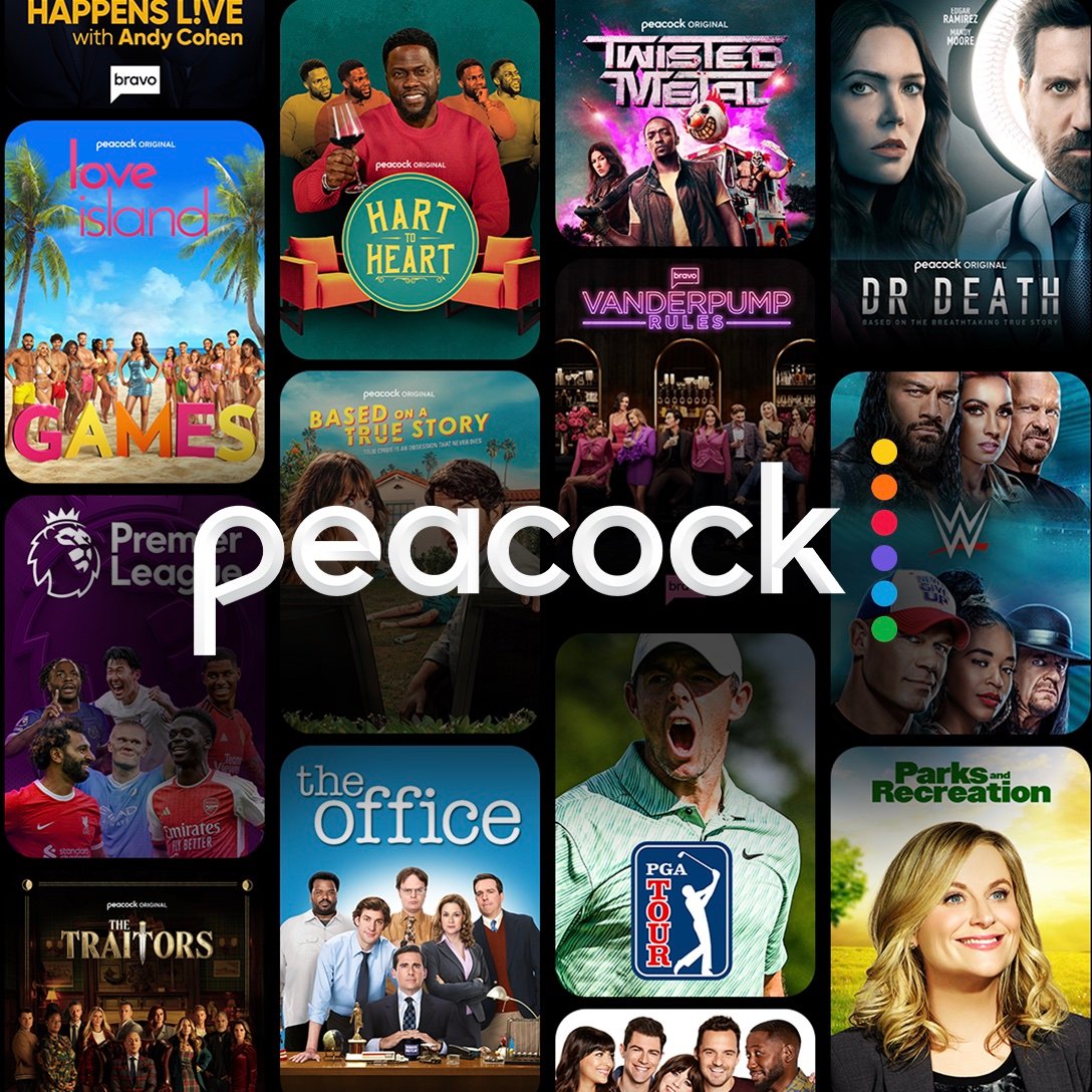 collage of movies and shows that are available on Peacock