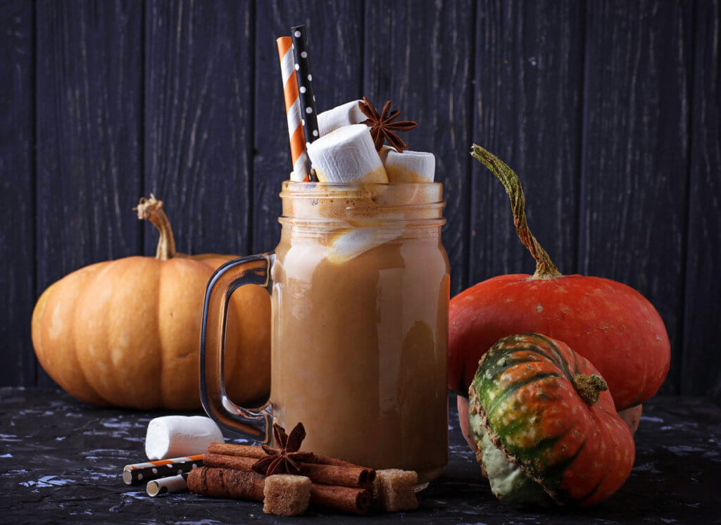 Halloween pumpkin spice latte. Selective focus
