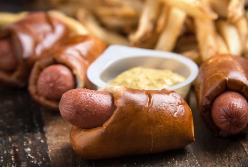 Pretzel Mini Pigs with french fries and mustard