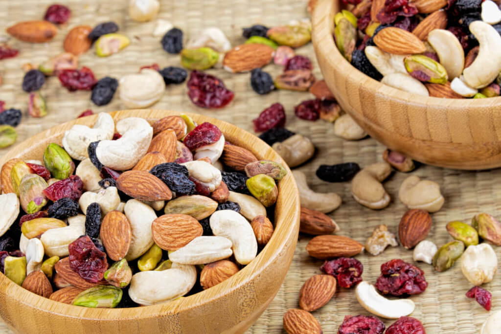 Trail Mix of nuts and dried fruits make a great snack food for traveling