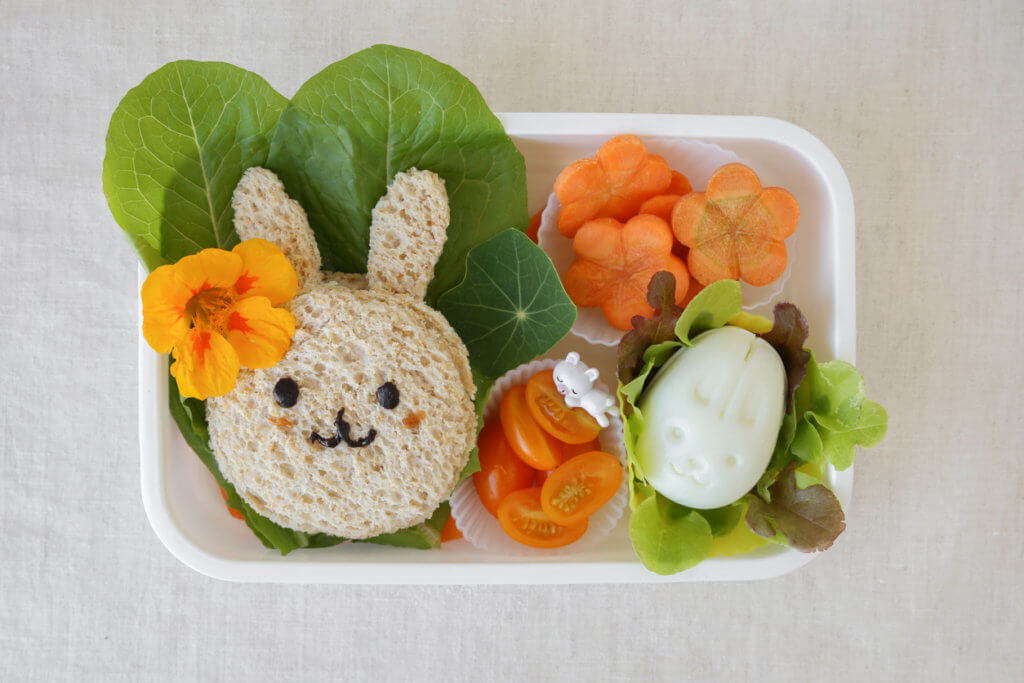 Easter Bunny healthy lunch box, fun food art for kids.