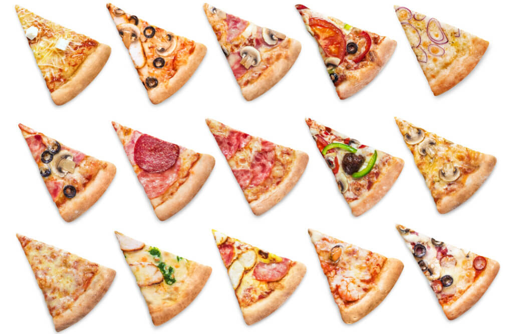 Large collection of various pizza slices.