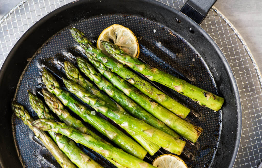 grilled asparagus on a pan