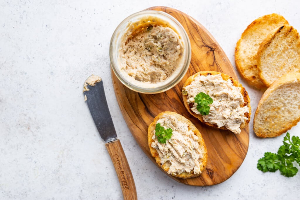 Sandwiches with salmon pate and baguette