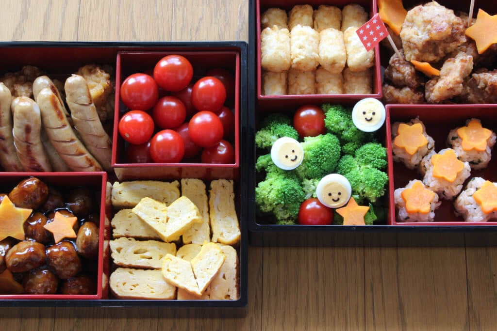 Bento box example with various food in portions.