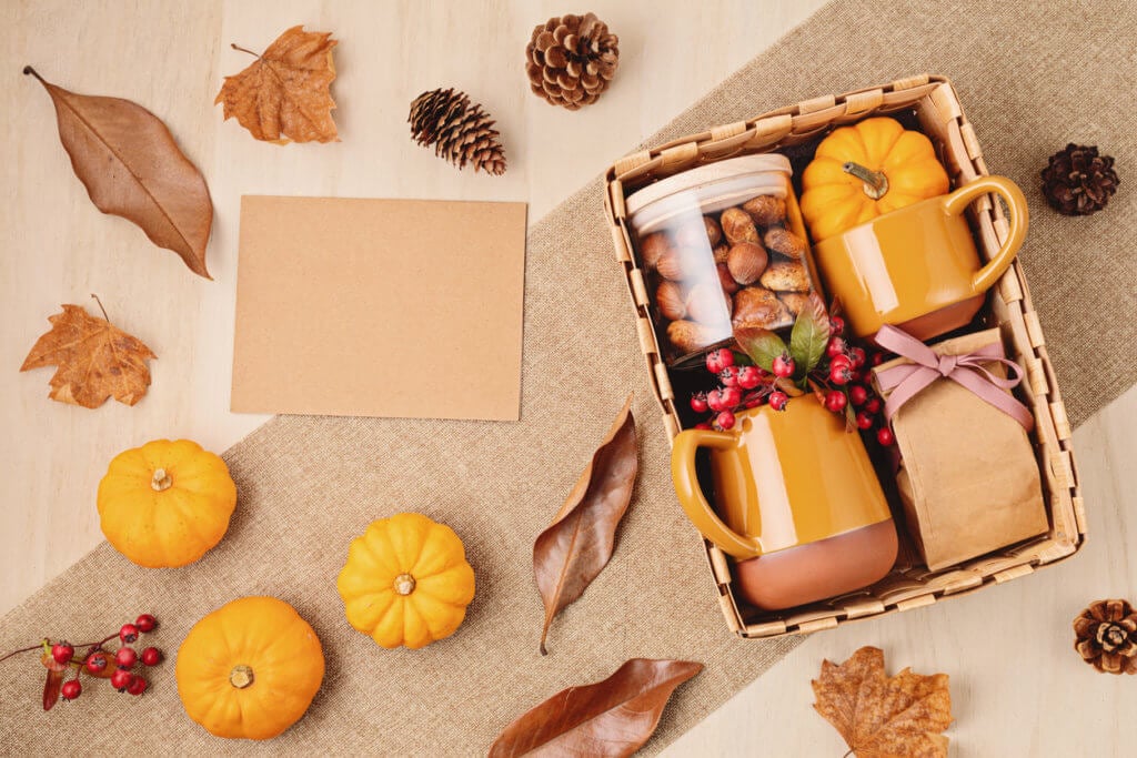 Care package for thanksgiving, seasonal gift box with cup, tea or coffee package and cookies.