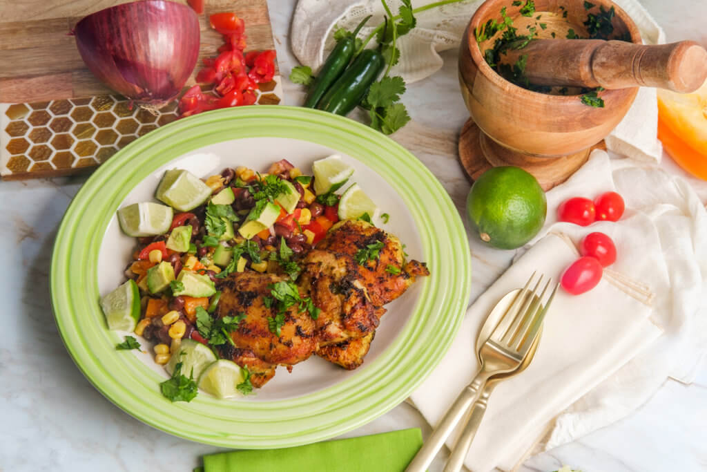 Cilantro lime chicken thighs with black bean and corn salad