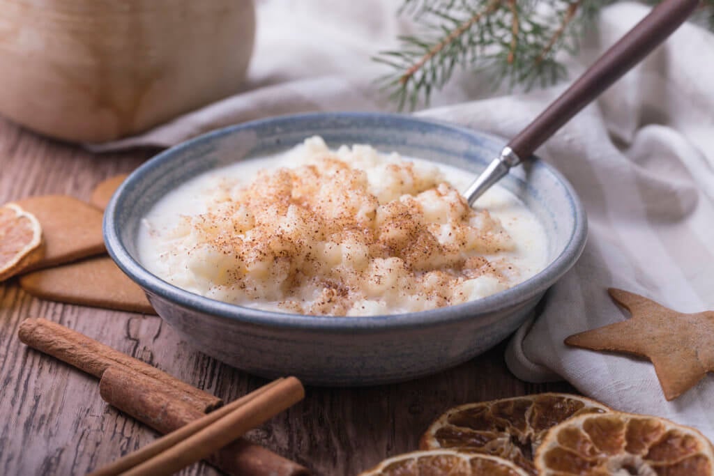 Traditional rice pudding also known as tomtegröt or swedish risgrynsgröt.