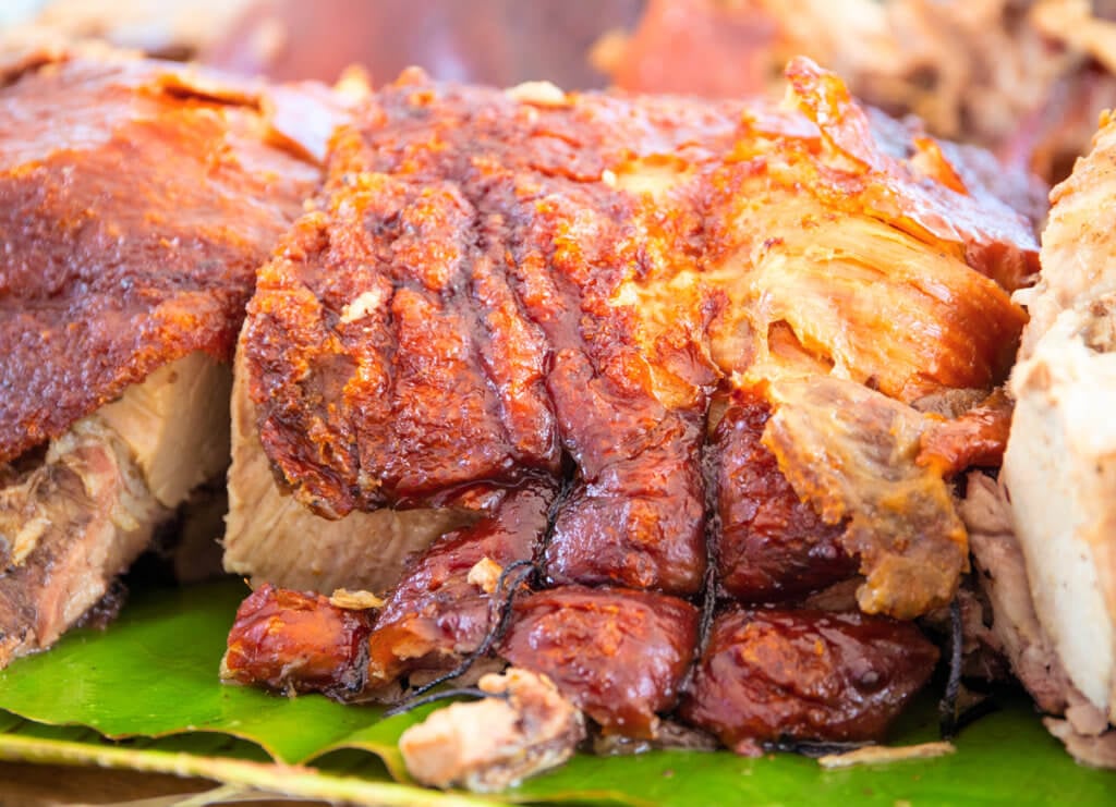 Roasted pork meat cooked on grill. 
