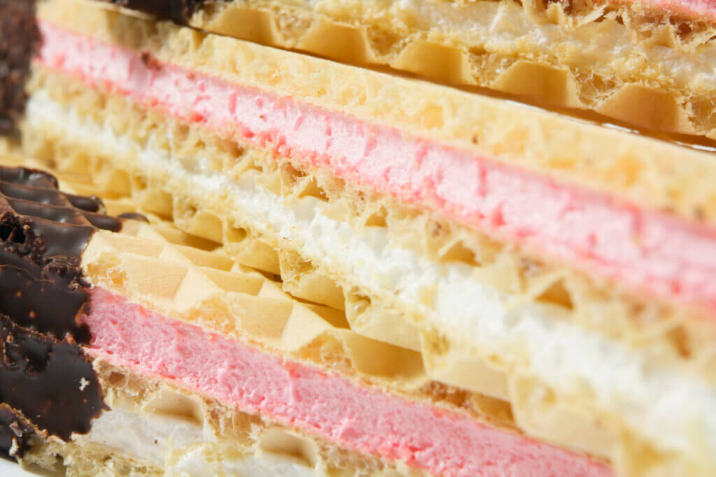 close up of a cream filled wafer.