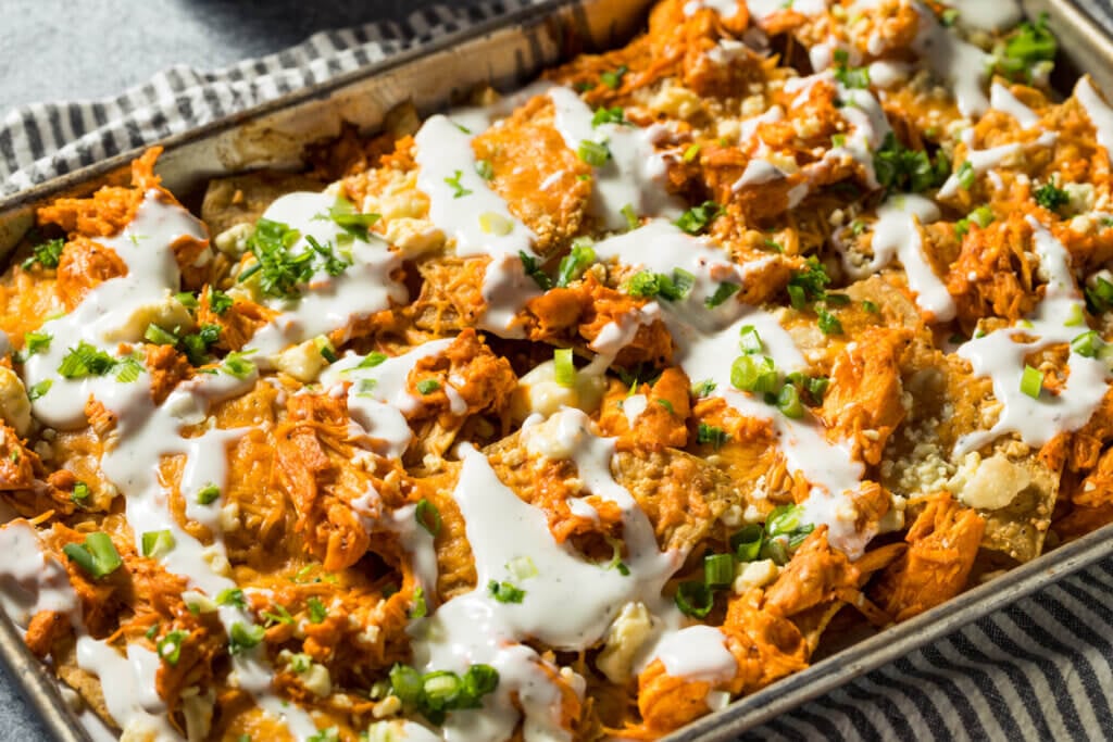 Homemade Buffalo Chicken Nachos with Ranch and Onions