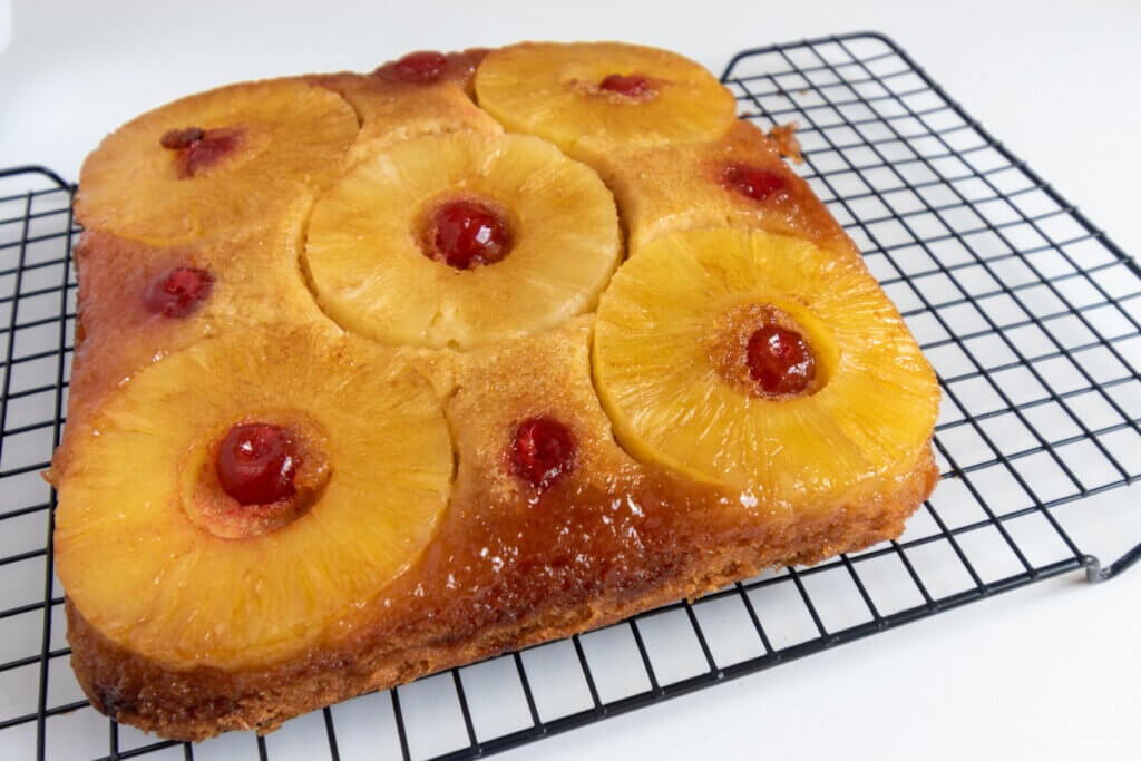 Retro baking at home - pineapple upside cake a classic British sweet dessert food