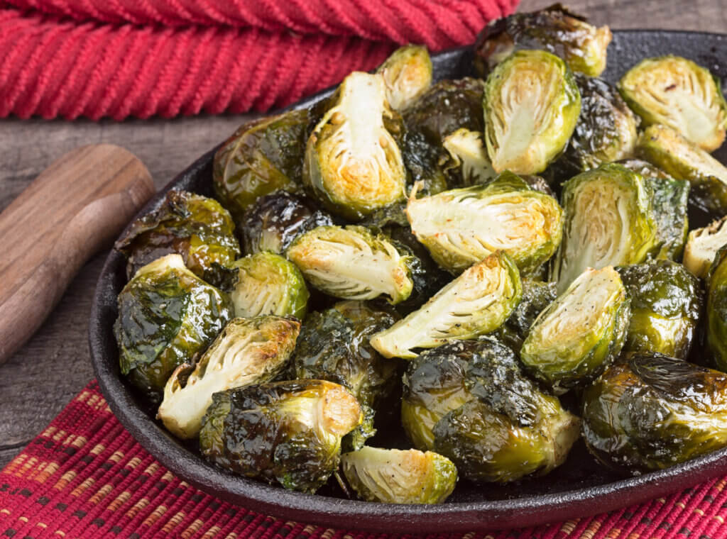 Roasted Brussels Sprouts in cast iron dish