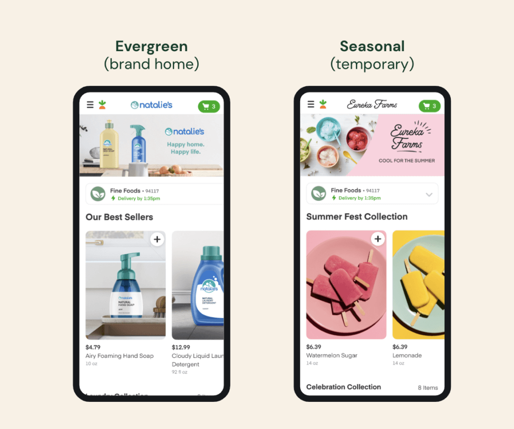 An example of an evergreen mobile brand page for Natalie's laundry essentials next to a seasonal mobile brand page for Eureka Farms ice cream.
