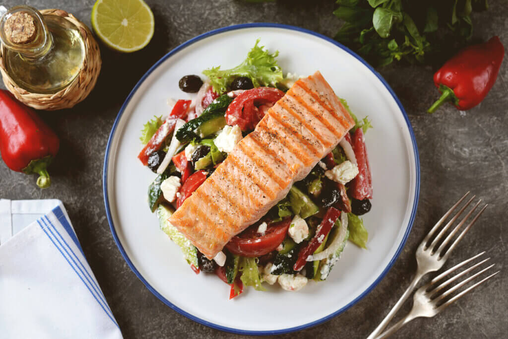 Greek salad with grilled salmon.