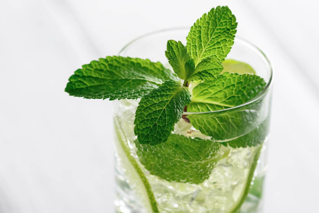 Refreshing cocktail with lime and mint on a white wooden table.