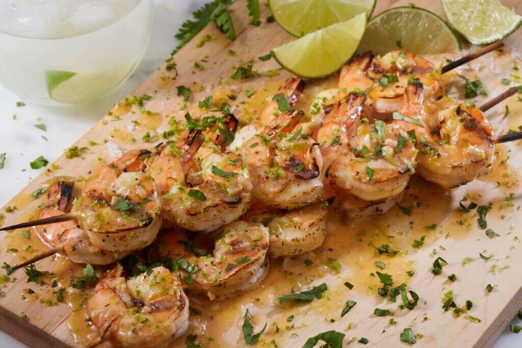 BBQ Grilled Tequila Lime and Garlic Shrimp Skewers with Fresh Cilantro