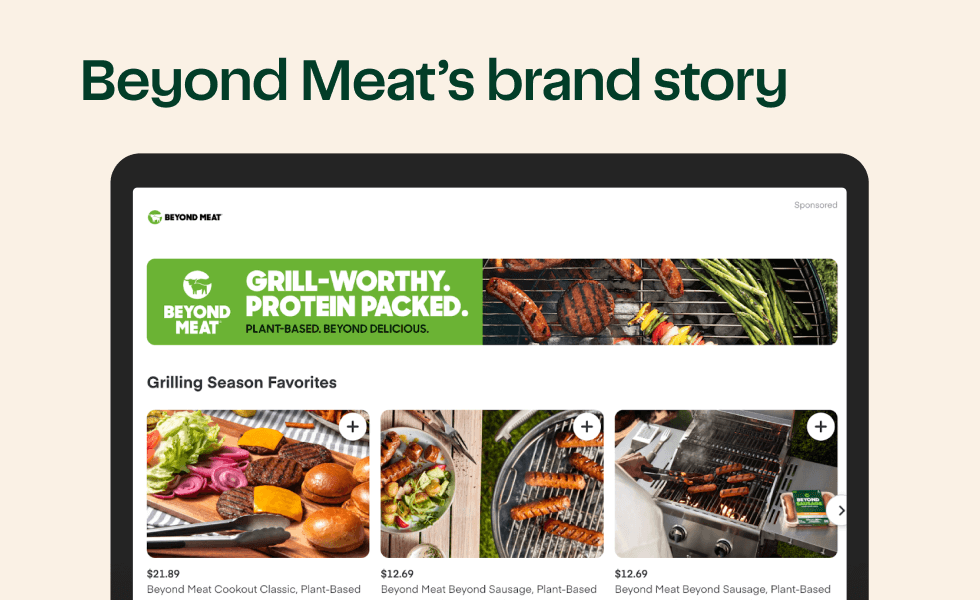 Beyond Meat's page on Instacart showing BBQs and meat being grilled on them.