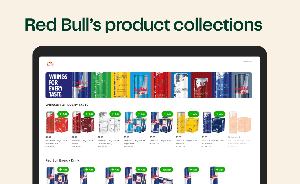 Red Bull's page on Instacart showing cans and cases of Red Bull 