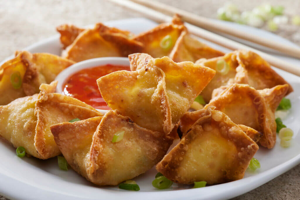 Crispy Rangoons- Wontons Stuffed with Sweet Crab and Cream Cheese with a Sweet Chili Dipping Sauce