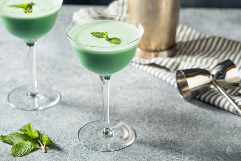 Boozy Refreshing Green Grasshopper Cocktail with Mint and Cream