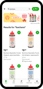 A smartphone using Instacart. Bachan's sauces are displayed.
