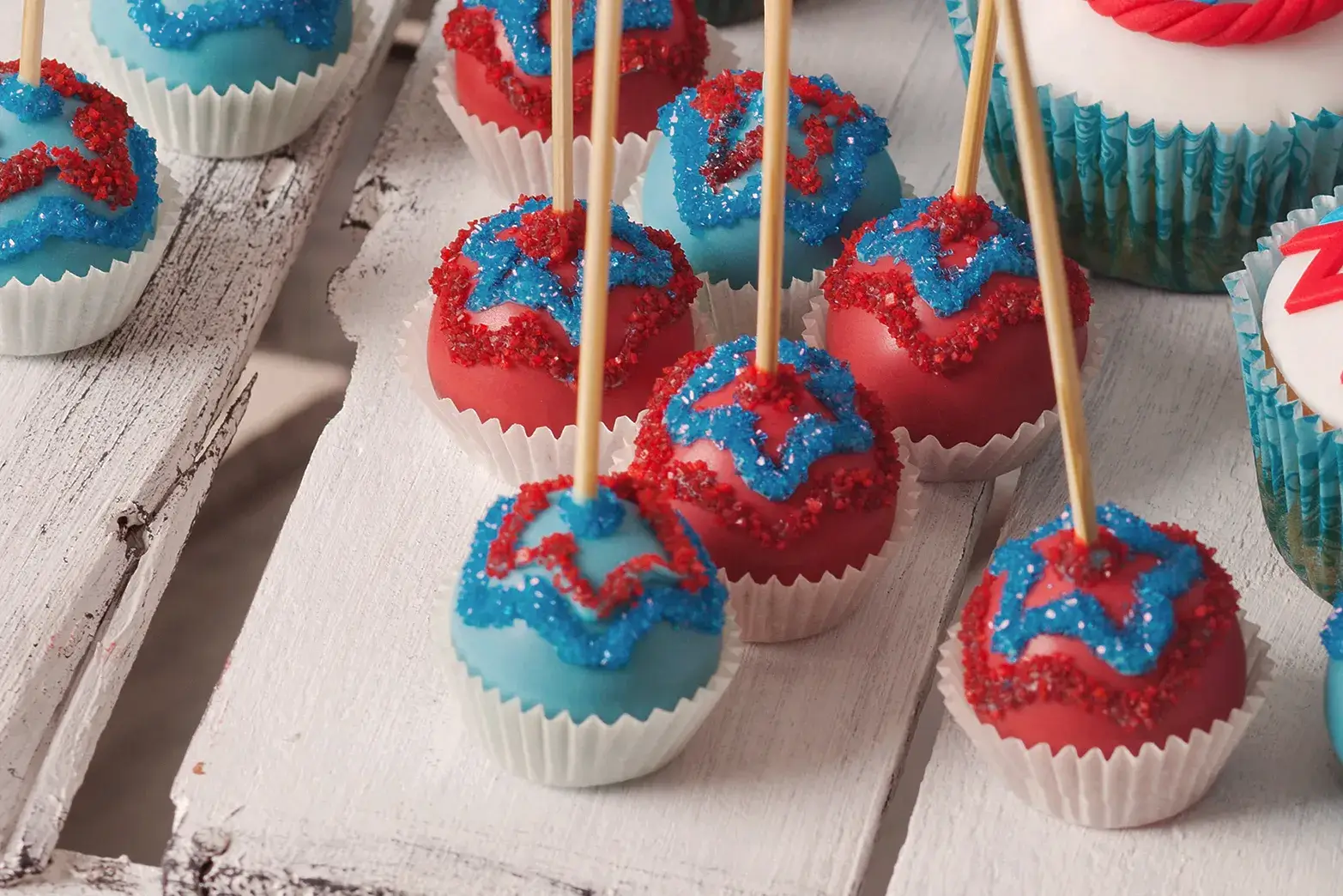 red, white and blue cake pops