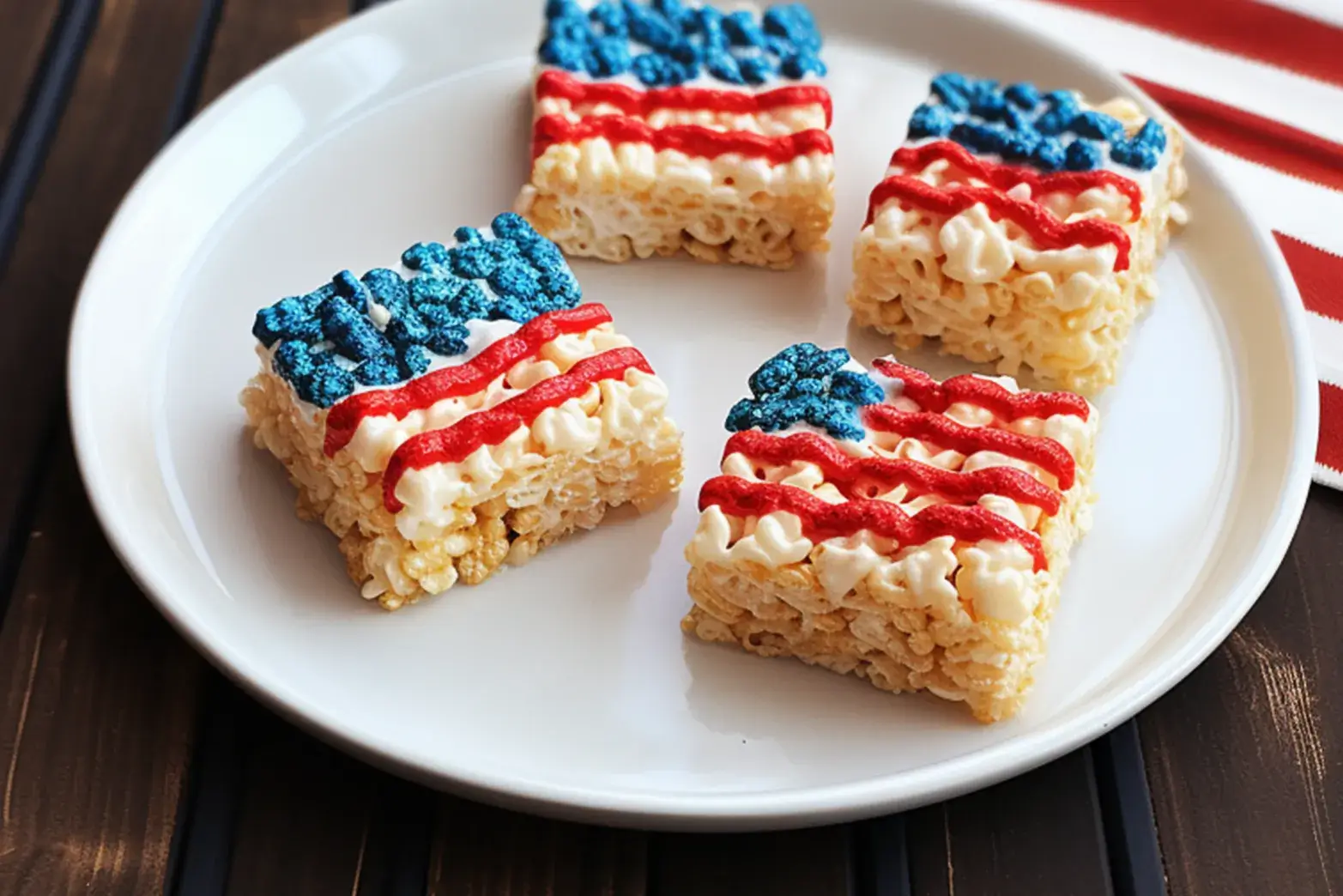 red, white and blue crispy rice treats