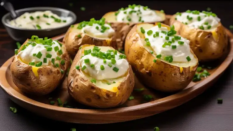 baked potatoes with chopped green onion on top