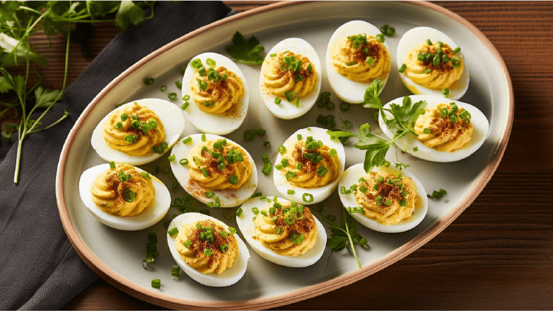 deviled eggs with green onions on top