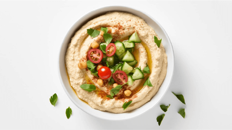 hummus with tomatoes and cucumber