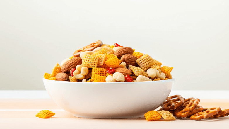 snack mix in a white bowl