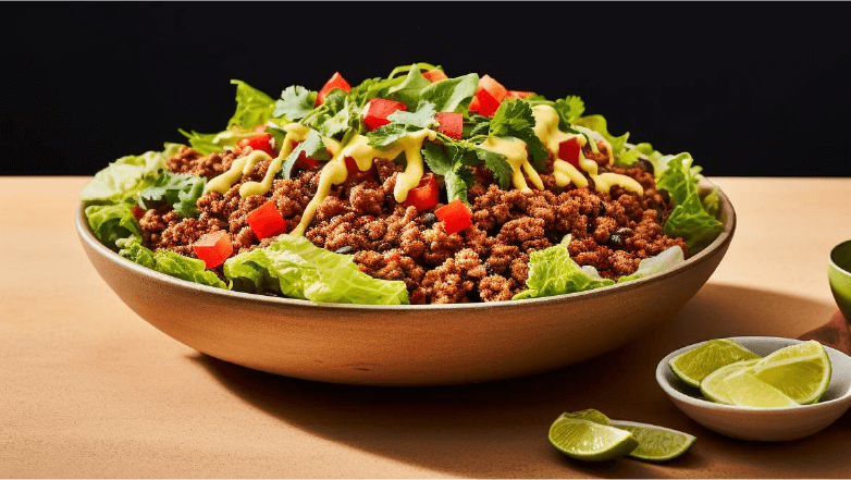large taco salad with fresh lime wedges