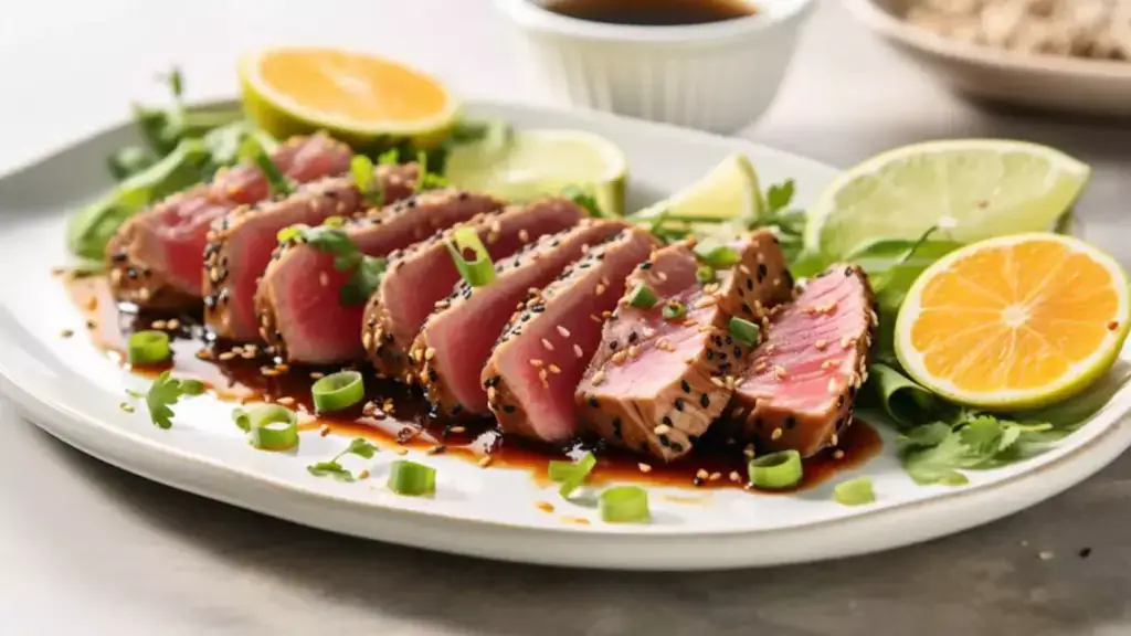Oval-shaped plate with sliced ahi tuna and lime wedges topped with a soy glaze and sliced scallions — one of the best high-protein meals