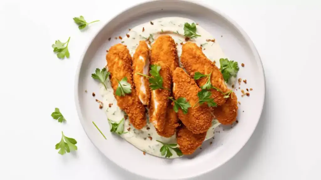 Wide plate with a white sauce topped with chicken tenders and parsley leaves on a white countertop 
