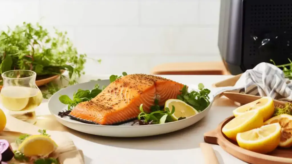 Tablescape featuring a plate with a salmon fillet and greens, a wooden plate with lemon wedges, another plate with herbs, and a glass of white wine