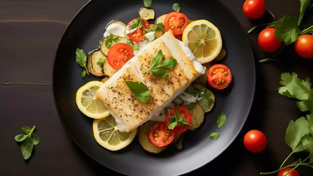 Black plate with sliced lemons, cherry tomatoes, and herbs topped with a fillet of baked fish