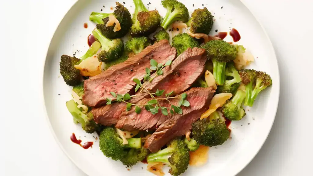 White plate with beef strips, broccoli, and sauce on a white countertop