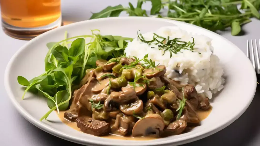 White plate with beef stroganoff, white rice, and greens