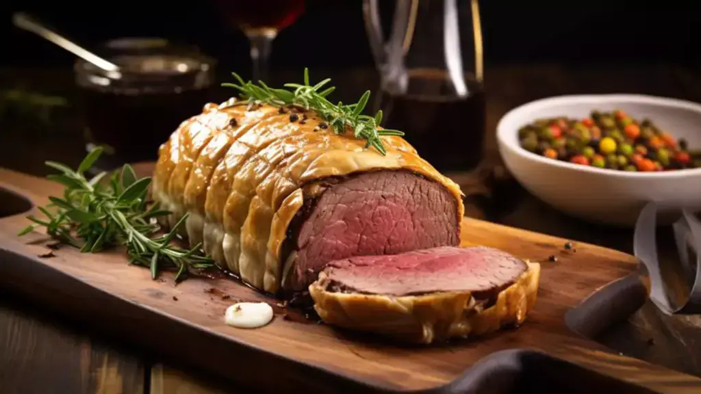 A pastry-wrapped beef Wellington with rosemary sitting on a wooden cutting board with a white bowl of veggies in the background