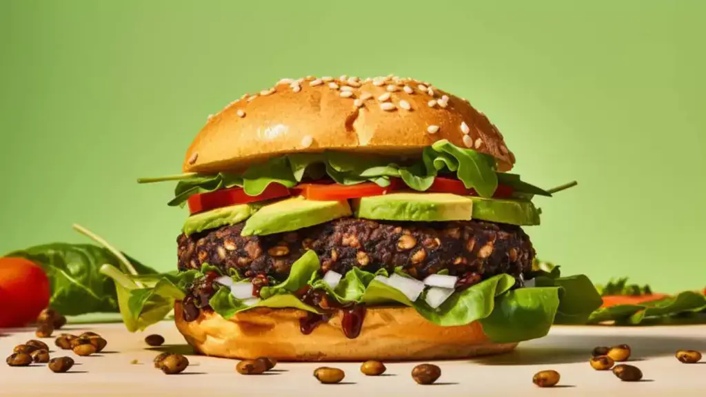 Two burger buns sandwiching a black bean burger, lettuce, sliced avocado, and sliced tomatoes on a biege countertop with a green background