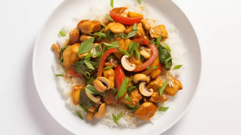 White bowl holding white rice and cashew chicken stir fry with chicken chunks, red bell pepper strips, mushrooms, cashews, and herbs