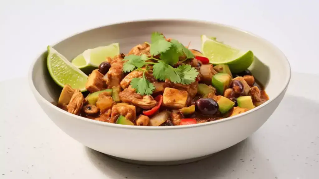 Bowl holding chicken chili made with chicken chunks, beans and avocado, topped with cilantro and lime wedges on a white countertop